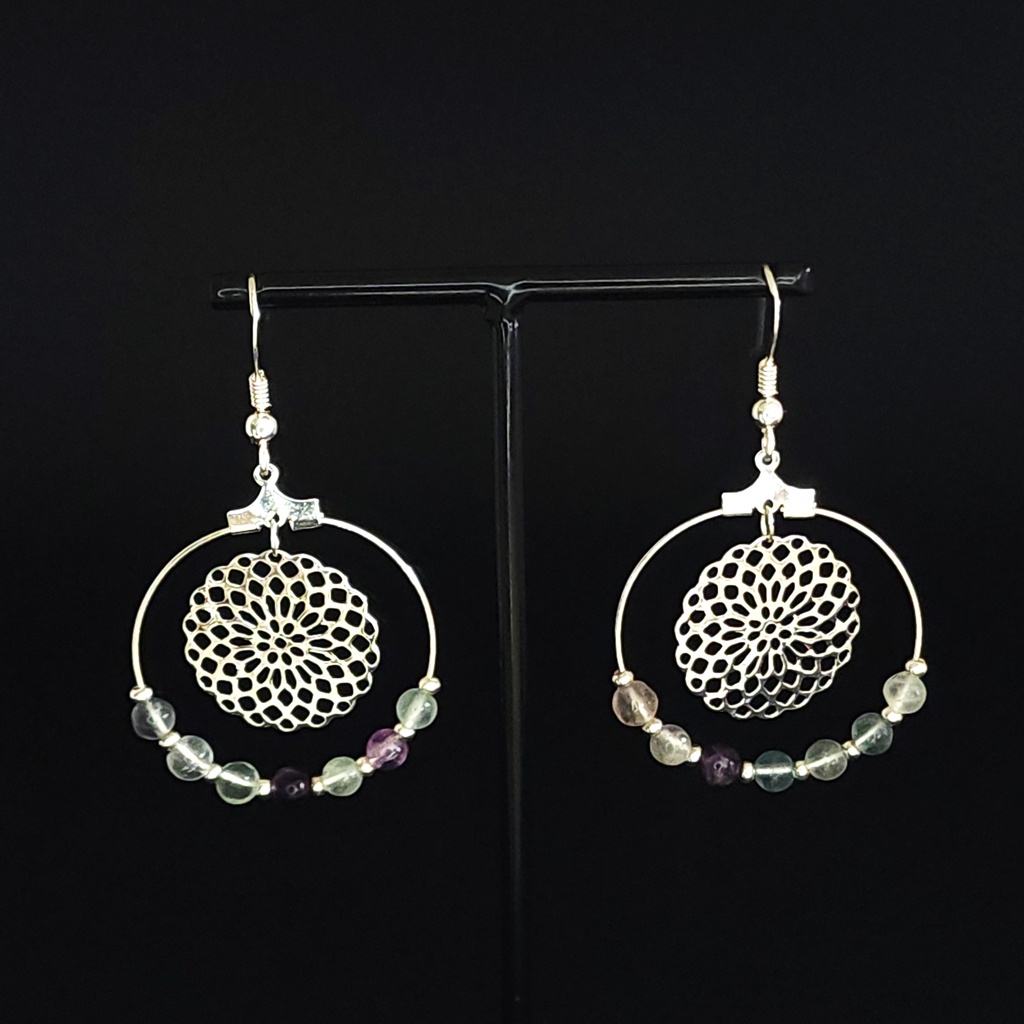 BOEL02.2.Boucles fil à décorer rond, rosace et 7 perles Fluorite