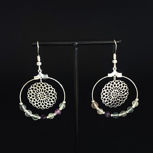 BOEL02.2.Boucles fil à décorer rond, rosace et 7 perles Fluorite