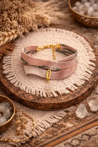 BRBO01.2.Bracelet ruban et perle Quartz Rose